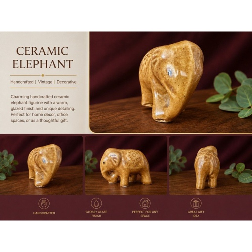 Vintage Handcrafted Ceramic Elephant Figurine Glossy Glazed Decorative Pottery
